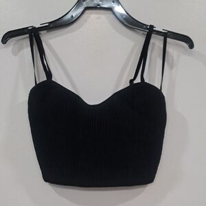 Babaton Black Ribbed Sweetheart Crop Cami with Double Straps